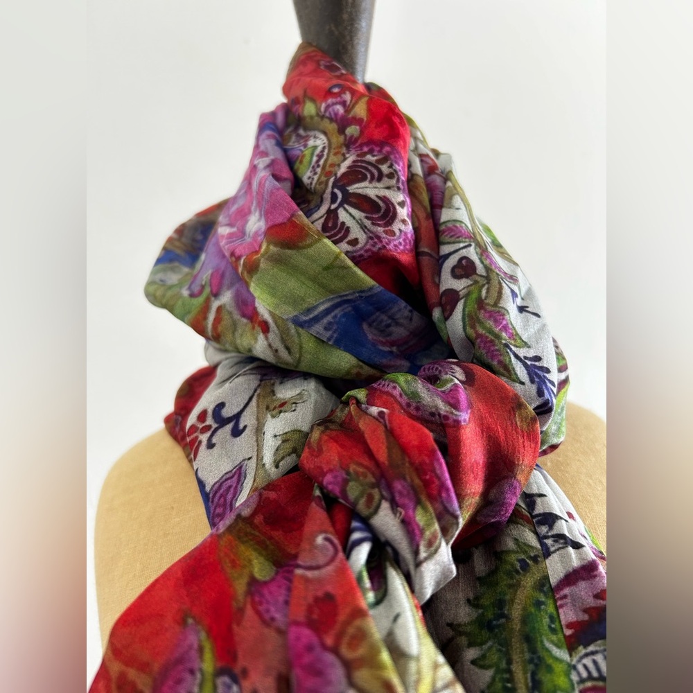 Vismaya Silk Multicolor Floral Scarf Vintage Anthropologie